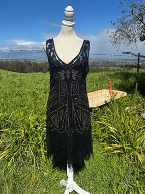 Babeyond Black Beaded Fringed Flapper Dance retro Art deco 20s Gadsby Dress XL